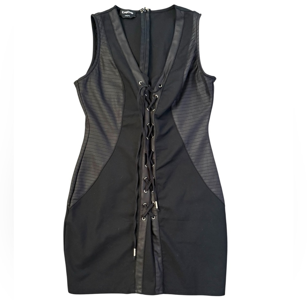 Bebe Black Lace-Up Front Cotton Faux Leather Dress